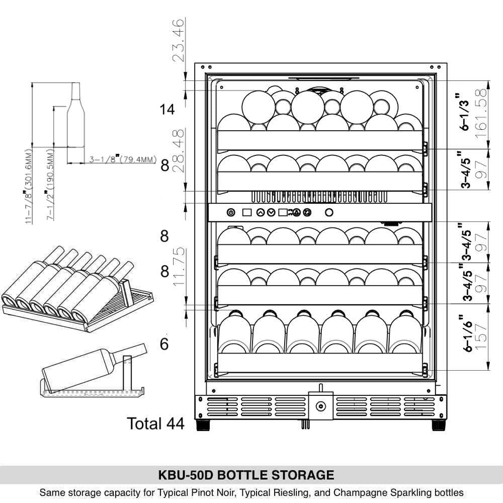 CC KingsBottle 44 Bottles 24 Inch Under Counter Dual Zone Wine Cooler Drinks KBU50DX-SS RHH 11113