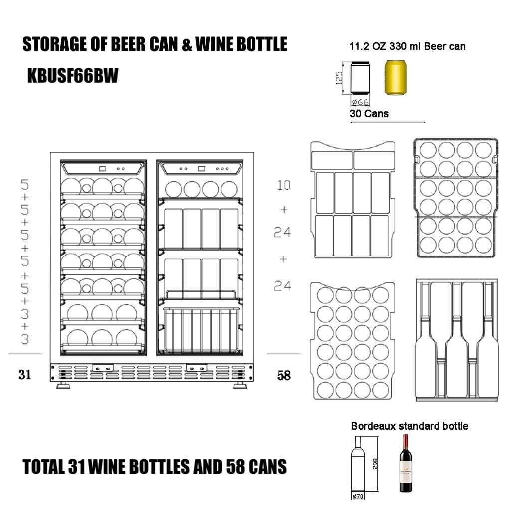 CC KingsBottle 30" Under Counter Low-E Glass Door Wine and Beer Cooler Combo KBUSF66BW-BLK 8